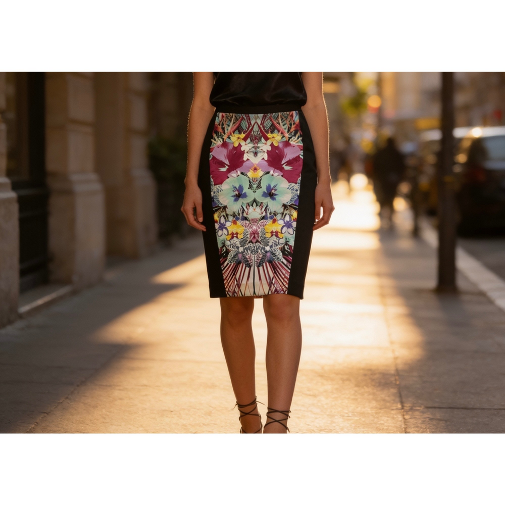 Nicole by Nicole Miller Tropical Floral Kaleidoscope Bodycon Pencil Skirt L in B